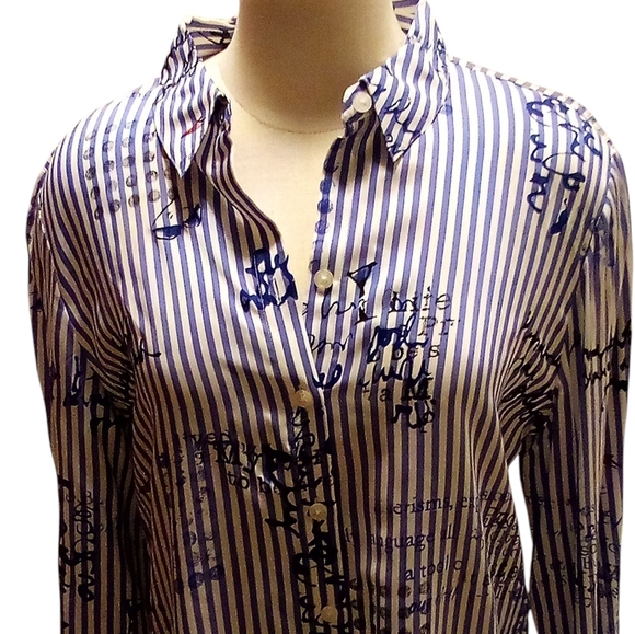 Chico’s - NWT- HI/Lo,  Long Sleeve Blue White Stripe Print Peplum Shirt, Size- 1 - Picture 11 of 13